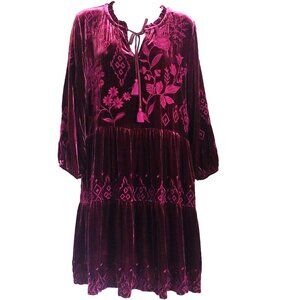 Johnny Was Ivey Velvet Field Tiered Dress Eggplant Embroidered XS NWT